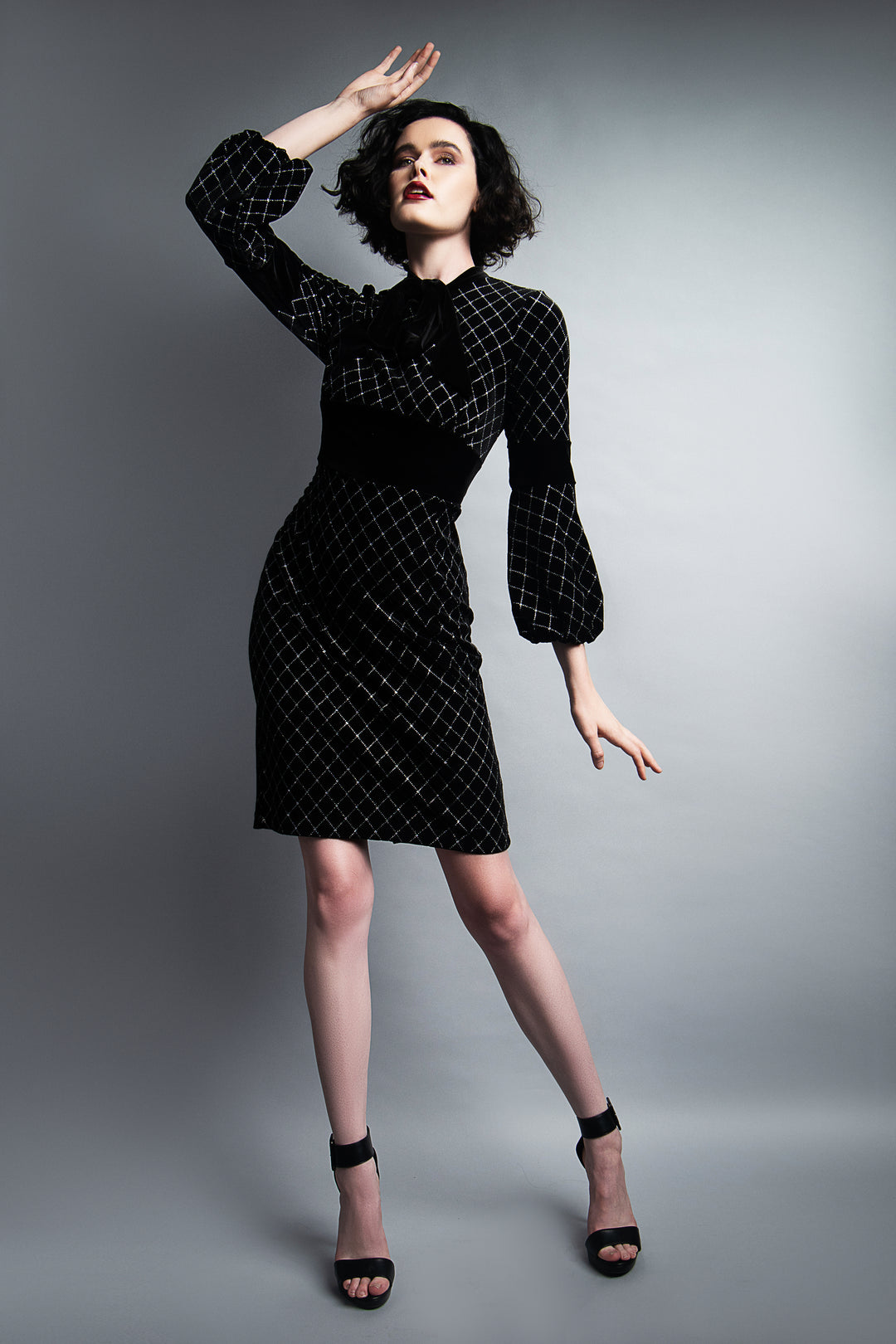 dalia macphee long sleeve bow tie neck pleat skirt dress