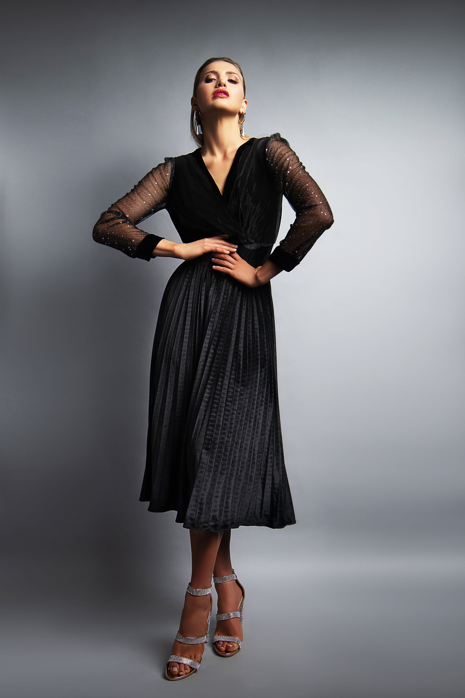 dalia macphee long sleeve bow tie neck pleat skirt dress