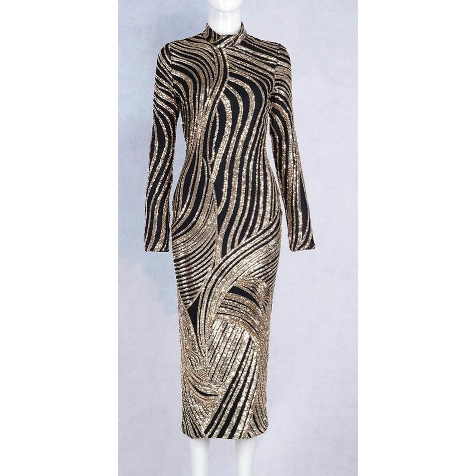 long sleeve striped midi dress Ivory & Black Long Sleeve Midi Dress - All Dresses