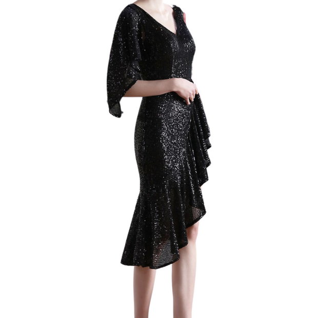 Sequin Cape Dress With Ruffle Asymmetrical Hem