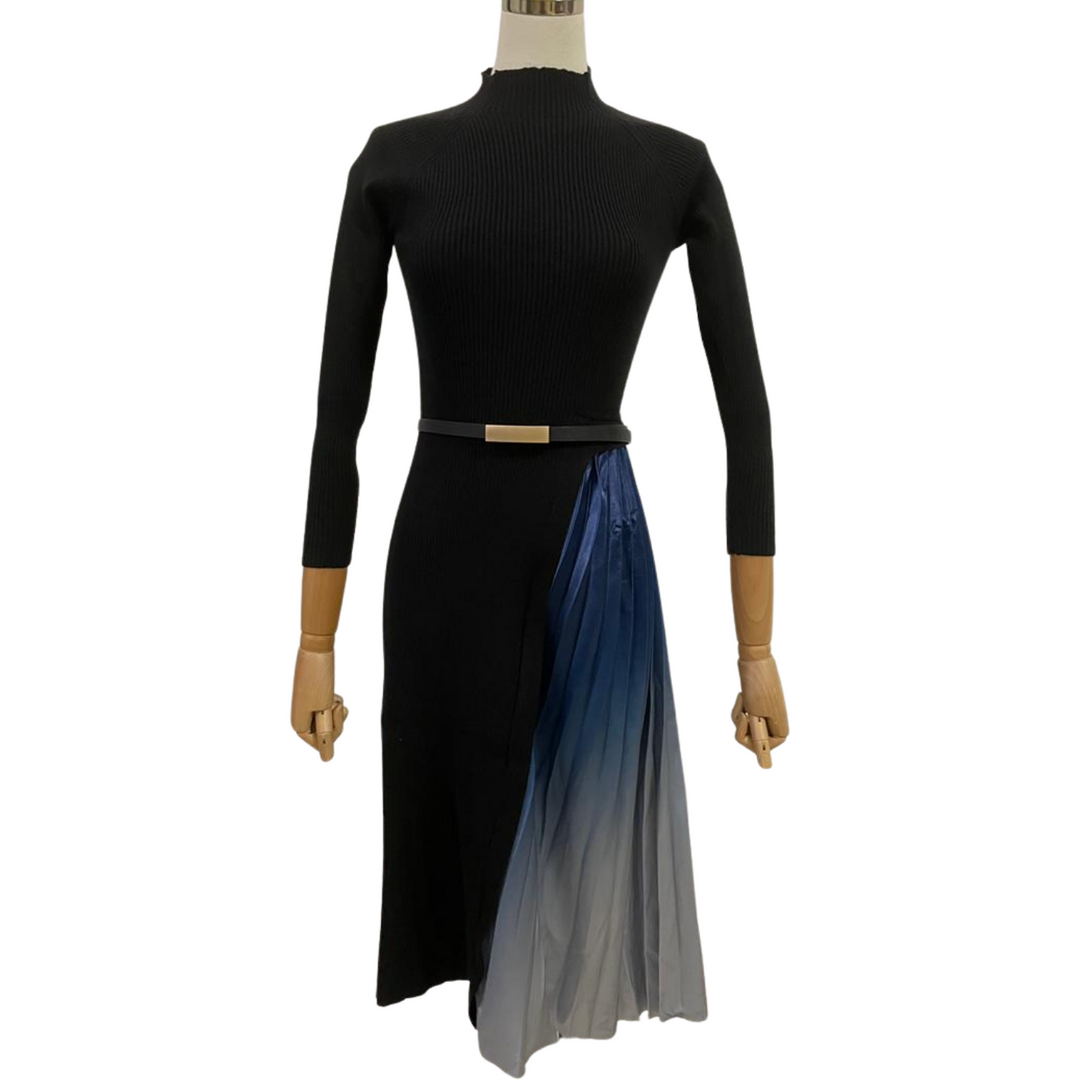gradient pleated splicing belted knit dress in black Mock Neck Ribbed Knit Dress With Pleat Ombre Skirt – DALIA MACPHEE