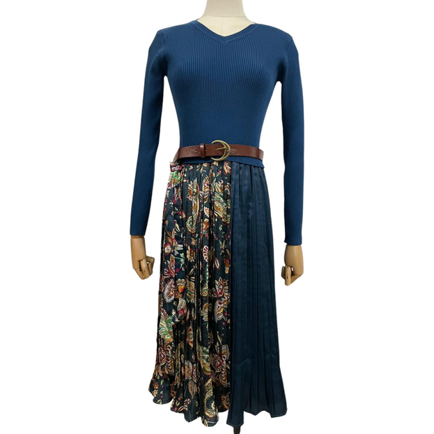 V-neck Sweater Dress With Paisley Pleated Skirt DALIA MACPHEE V-neck Sweater Dress With Paisley Pleated Skirt DALIA MACPHEE