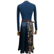 V-neck Sweater Dress With Paisley Pleated Skirt