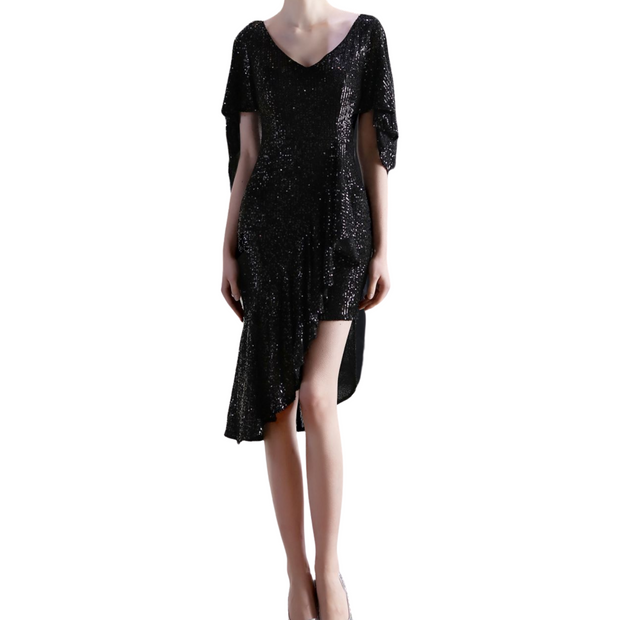 Sequin Cape Dress With Ruffle Asymmetrical Hem