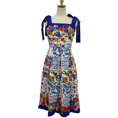 Pleat Skirt Border Printed Dress