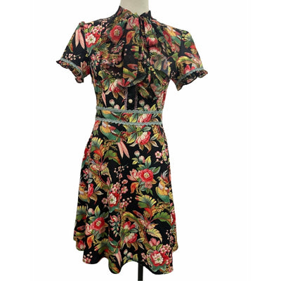 Short Sleeve Tie Neck Floral Mini Dress With Lace Trim