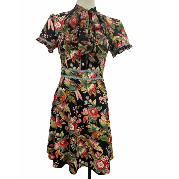 Short Sleeve Tie Neck Floral Mini Dress With Lace Trim