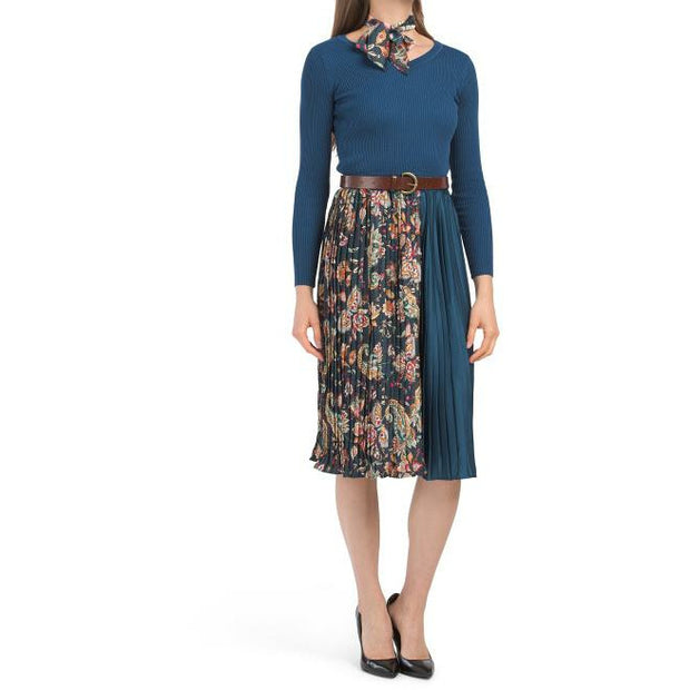V-neck Sweater Dress With Paisley Pleated Skirt