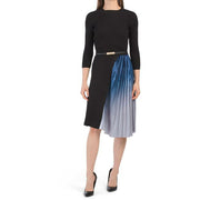 Mock Neck Ribbed Knit Dress With Pleat Ombre Skirt