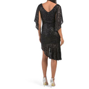 Sequin Cape Dress With Ruffle Asymmetrical Hem