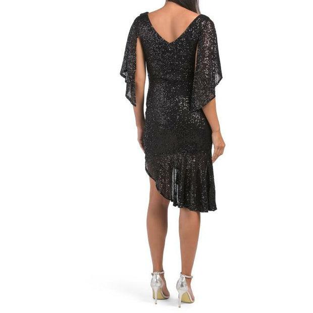 Sequin Cape Dress With Ruffle Asymmetrical Hem