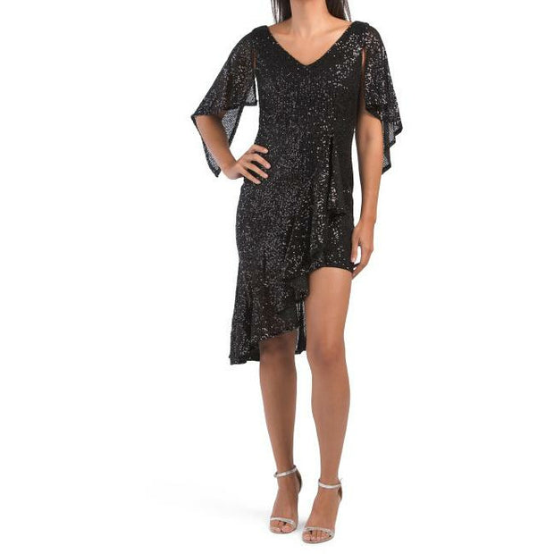 Sequin Cape Dress With Ruffle Asymmetrical Hem